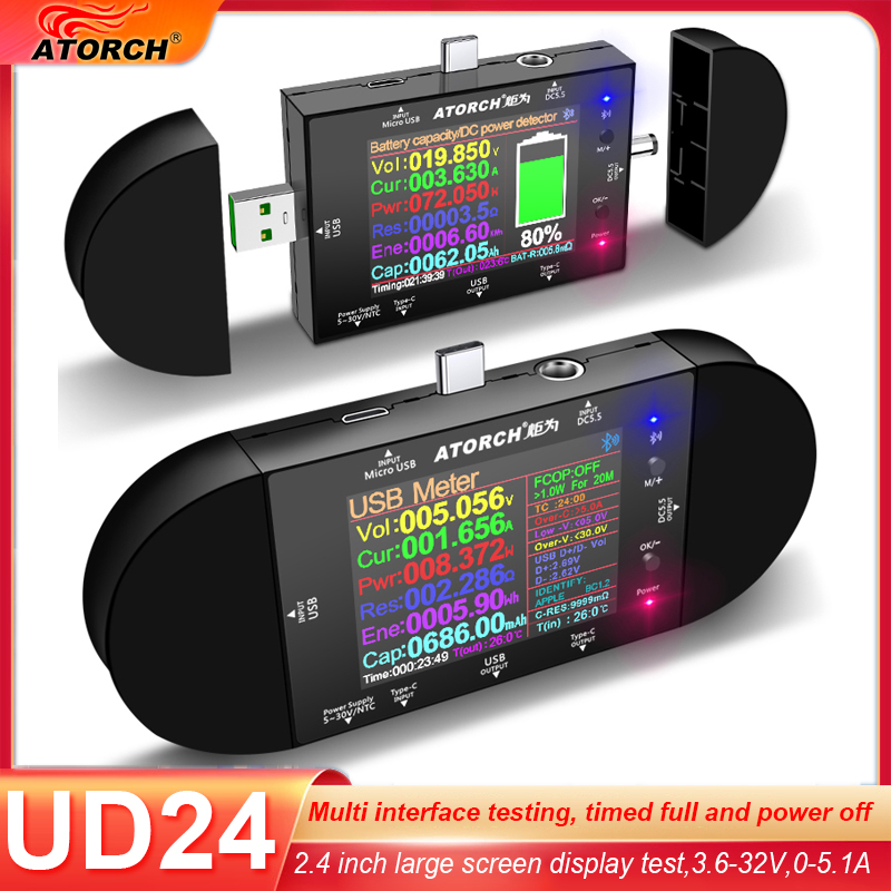 Usb Ammeter Tester - UD24 2.4インチUSBテスター DC5.5 Type-Cデジタル電圧計電流計パワーバンク電圧検出器ボルトQC PD電気メーター（アプリ対応）